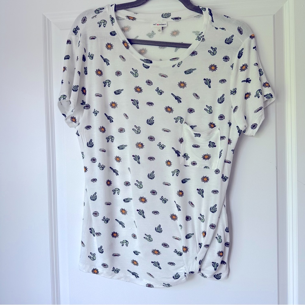 Self Esteem White Cactus Print T-Shirt, Front Twist Detail, Size Large